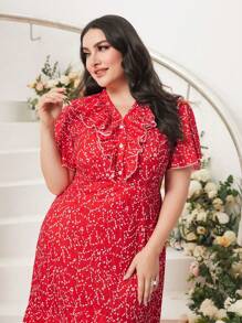 Modelyn Plus Allover Print Ruffle Trim Dress Without Belt - Red - View 6