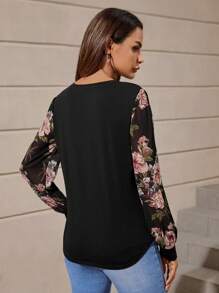 SHEIN Clasi Sleeve Chiffon Floral Print Lantern Patchwork Tee - Black - View 2