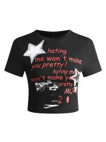 SHEIN Unity 標語圖案短款T恤 - 黑色 - 查看 1