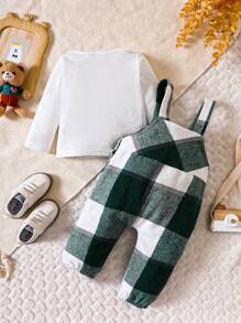 Baby Boy Solid Tee & Plaid Print Letter Patched Overall Jumpsuit - Green - View 2