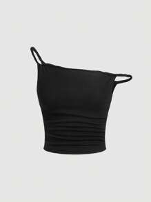 SHEIN MOD Chất rắn Cổ không đối xứng Viền ven Áo - màu đen - Xem 1