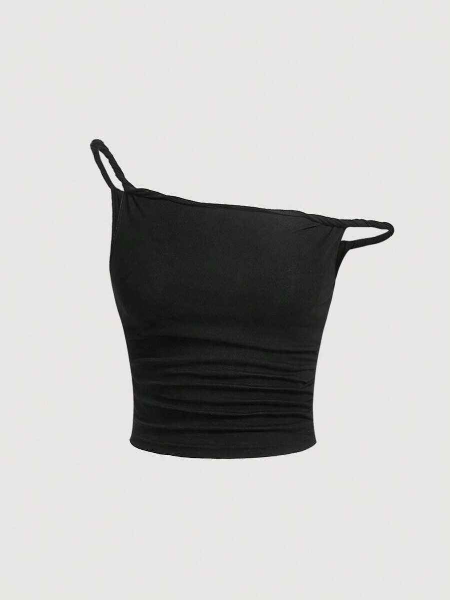 SHEIN MOD Chất rắn Cổ không đối xứng Viền ven Áo - màu đen - Xem 1