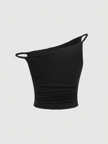 SHEIN MOD Chất rắn Cổ không đối xứng Viền ven Áo - màu đen - Xem 3