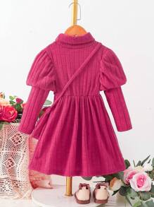 SHEIN 女小童高領羊腿袖洋裝&包 - 酒紅色 - 查看 2