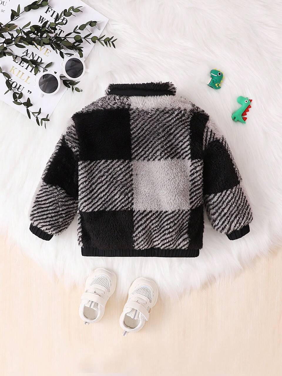 Baby Boy Plaid Print Zip Up Teddy Jacket