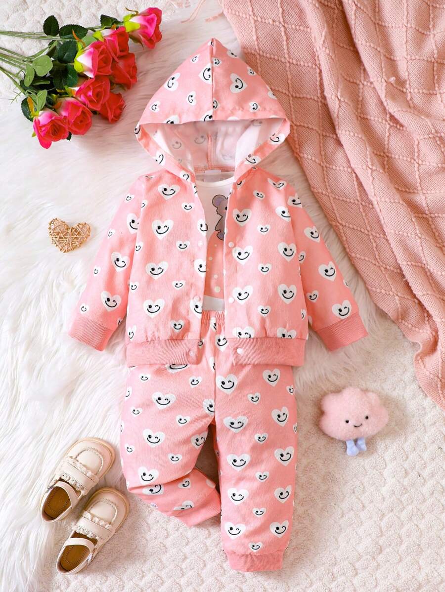Baby Girl Cartoon Graphic Hooded Jacket & Sweatpants & Tee - Pink - View 1