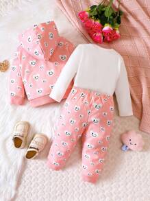 Baby Girl Cartoon Graphic Hooded Jacket & Sweatpants & Tee - Pink - View 2
