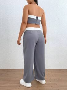 SHEIN EZwear Talla grande Top bandeau ribete en contraste con pantalones - Gris - Ver 2