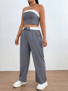 SHEIN EZwear Talla grande Top bandeau ribete en contraste con pantalones - Gris - Ver 3