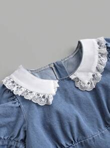 SHEIN MOD 拼接領泡泡袖牛仔上衣 - 中等水洗藍 - 查看 3