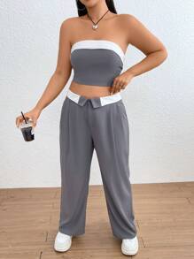 SHEIN EZwear Talla grande Top bandeau ribete en contraste con pantalones - Gris - Ver 4