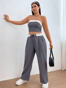 SHEIN EZwear Talla grande Top bandeau ribete en contraste con pantalones - Gris - Ver 5