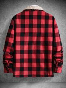 Manfinity Homme 1 pièce Chemise-veste pour hommes en tartan de bison avec col Borg et poche rabat, chemise-veste décontractée colorée pour sortir en rouge foncé, idéal pour les amis, le mari, le petit ami