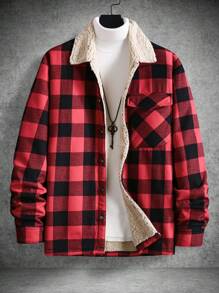 Manfinity Homme 1 pièce Chemise-veste pour hommes en tartan de bison avec col Borg et poche rabat, chemise-veste décontractée colorée pour sortir en rouge foncé, idéal pour les amis, le mari, le petit ami