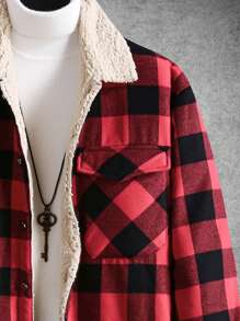 Manfinity Homme 1 pièce Chemise-veste pour hommes en tartan de bison avec col Borg et poche rabat, chemise-veste décontractée colorée pour sortir en rouge foncé, idéal pour les amis, le mari, le petit ami