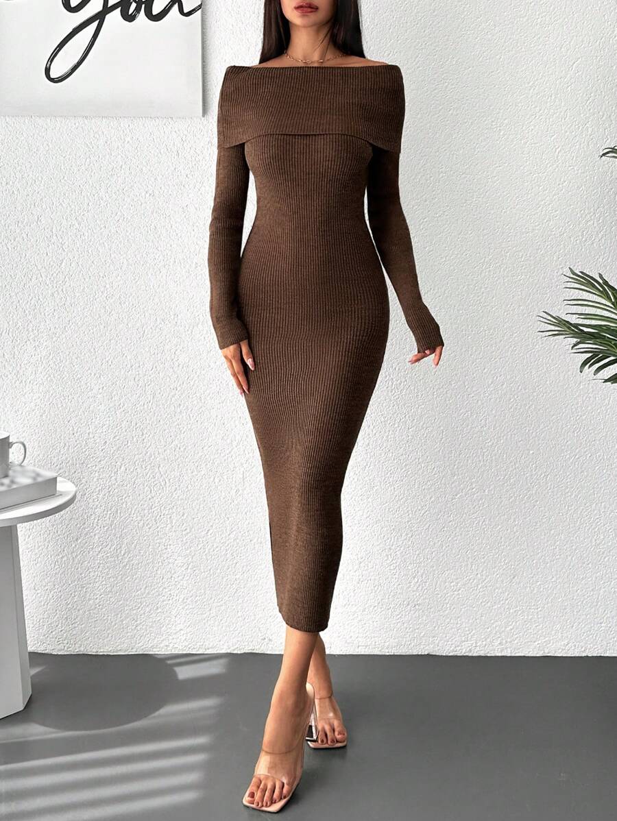 Foldover Off Shoulder Bodycon Sweater Dress - Chocolate Brown - View 1