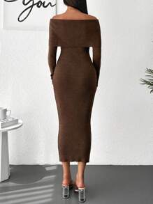 Foldover Off Shoulder Bodycon Sweater Dress - Chocolate Brown - View 2