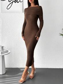 Foldover Off Shoulder Bodycon Sweater Dress - Chocolate Brown - View 4