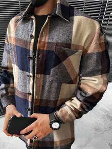 Manfinity Homme 男士寬鬆格紋拼接口袋落肩衣 - 彩色 - 查看 1