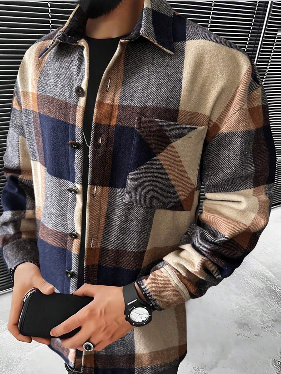 Manfinity Homme 男士寬鬆格紋拼接口袋落肩衣 - 彩色 - 查看 1