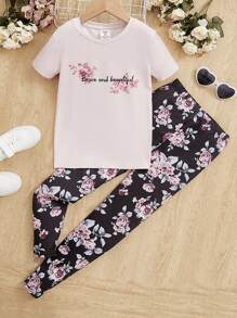 SHEIN Cô gái Tween Đồ họa hoa & chữ Vừa Khít Bộ PJ - Nhiều màu - Xem 1