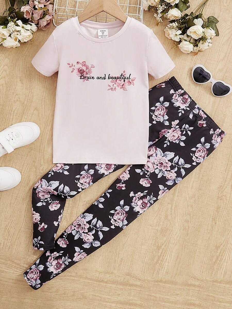 SHEIN Cô gái Tween Đồ họa hoa & chữ Vừa Khít Bộ PJ - Nhiều màu - Xem 1