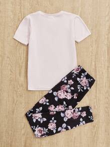 SHEIN Cô gái Tween Đồ họa hoa & chữ Vừa Khít Bộ PJ - Nhiều màu - Xem 2