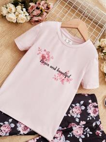 SHEIN Cô gái Tween Đồ họa hoa & chữ Vừa Khít Bộ PJ - Nhiều màu - Xem 3