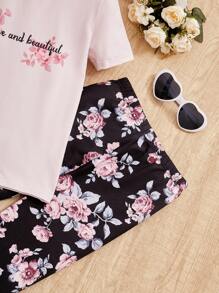 SHEIN Cô gái Tween Đồ họa hoa & chữ Vừa Khít Bộ PJ - Nhiều màu - Xem 4