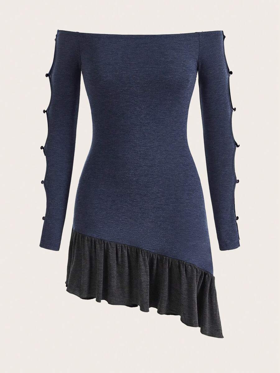 SHEINNeu Off Shoulder Cut Out Ruffle Hem Dress - Navy Blue - View 1