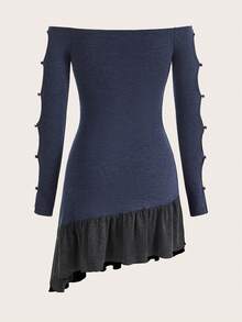 SHEINNeu Off Shoulder Cut Out Ruffle Hem Dress - Navy Blue - View 2