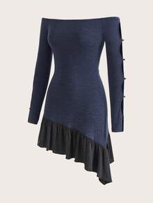 SHEINNeu Off Shoulder Cut Out Ruffle Hem Dress - Navy Blue - View 3