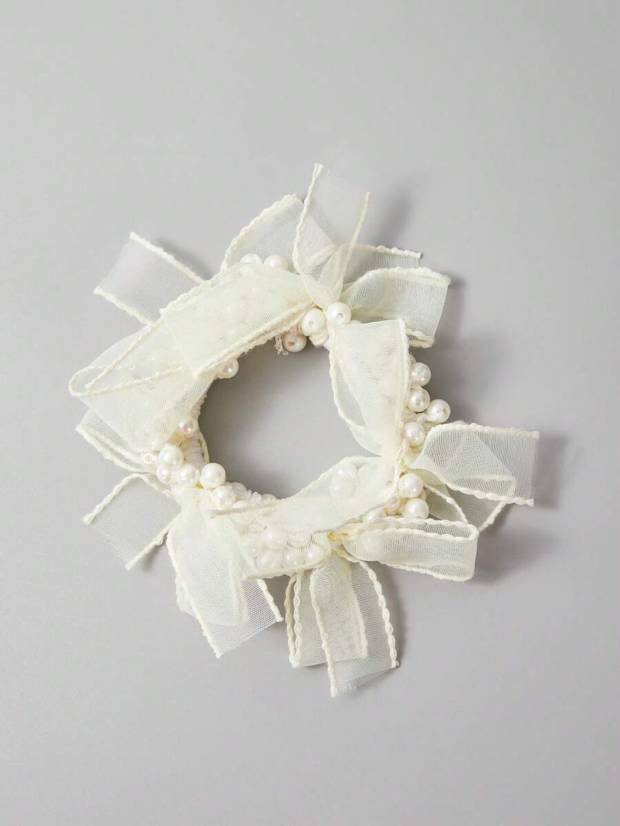 SHEIN Belle Dây buộc tóc lưới & ngọc trai giả trang trí thanh lịch tinh tế, thích hợp để trang trí hẹn hò - trắng - Xem 1