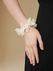 SHEIN Belle Dây buộc tóc lưới & ngọc trai giả trang trí thanh lịch tinh tế, thích hợp để trang trí hẹn hò - trắng - Xem 3