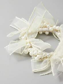 SHEIN Belle Dây buộc tóc lưới & ngọc trai giả trang trí thanh lịch tinh tế, thích hợp để trang trí hẹn hò - trắng - Xem 4