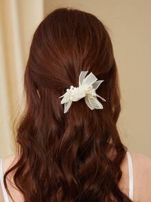 SHEIN Belle Dây buộc tóc lưới & ngọc trai giả trang trí thanh lịch tinh tế, thích hợp để trang trí hẹn hò - trắng - Xem 5