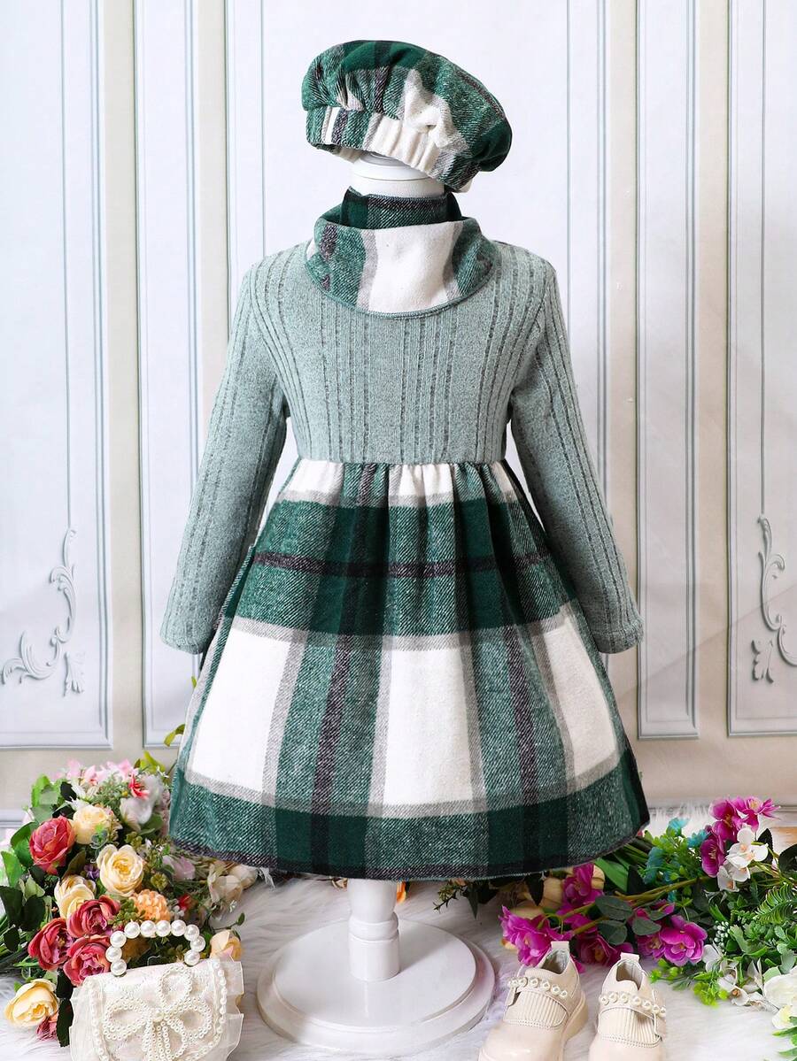 SHEIN 女小童格紋印花洋裝&帽&圍巾