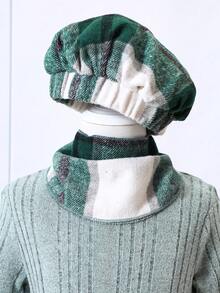 SHEIN 女小童格紋印花洋裝&帽&圍巾