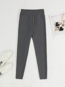SHEIN Leap Crew Quần legging bó sát dệt kim cạp rộng cho bé gái tuổi teen, dễ phối đồ, đa năng, thường ngày - Màu xám đen - Xem 2