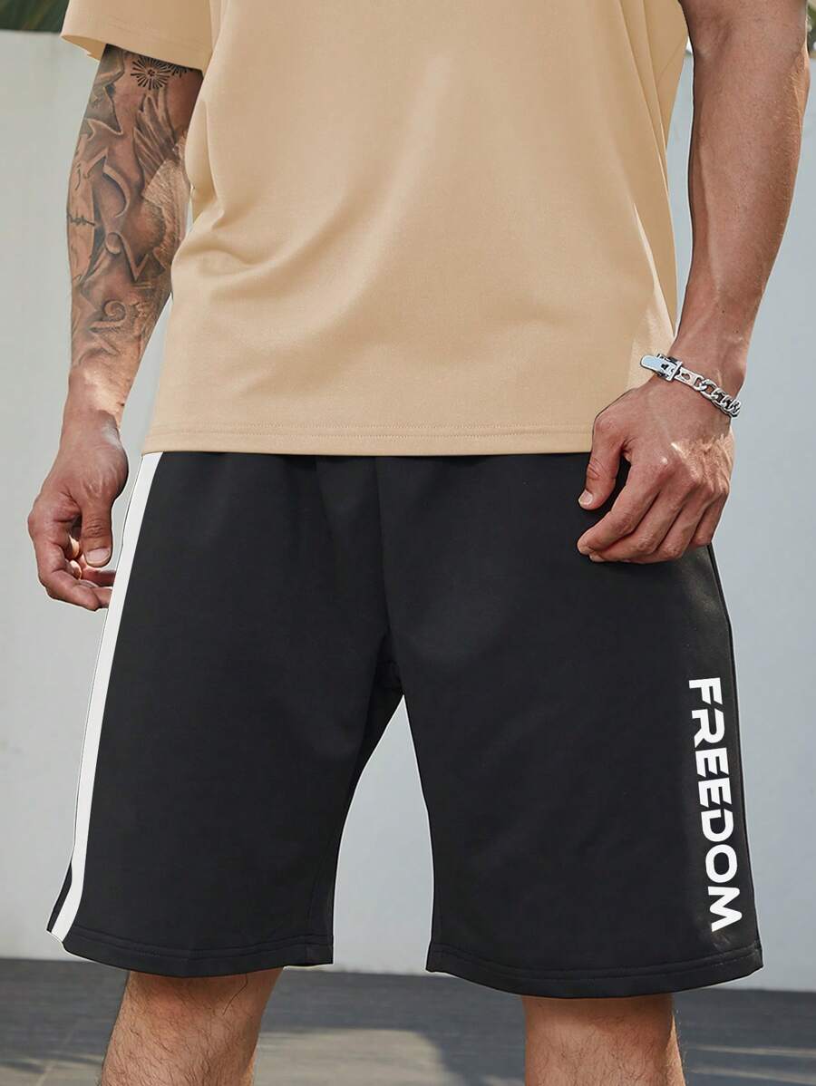Manfinity Homme Men Plus Letter Graphic Contrast Side Seam Shorts - Black - View 1