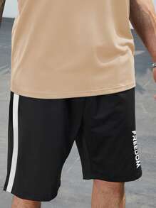 Manfinity Homme Men Plus Letter Graphic Contrast Side Seam Shorts - Black - View 4