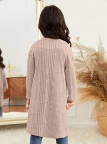 SHEIN Young Girl Open Front Ribbed Knit Coat,In Fall/Winter - Apricot - View 2