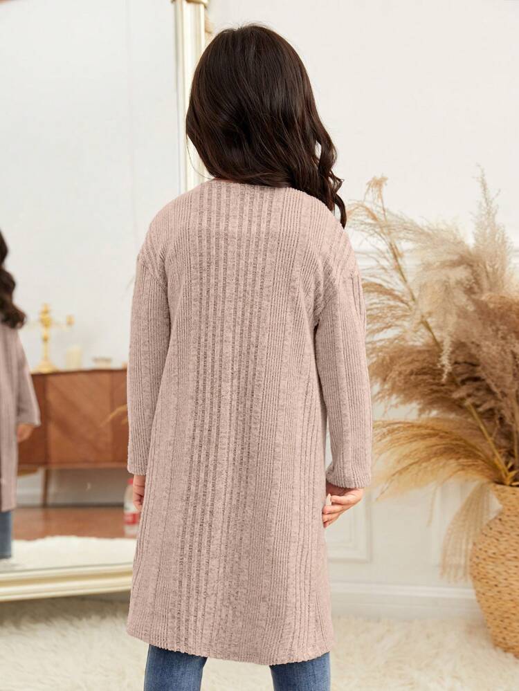 Young Girl Open Front Ribbed Knit Coat,In Fall/Winter