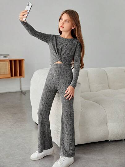 SHEIN Leap Crew 女大童扭結下擺T恤&喇叭褲