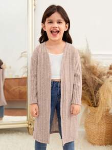 SHEIN Young Girl Open Front Ribbed Knit Coat,In Fall/Winter - Apricot - View 3