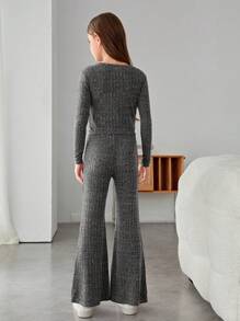 SHEIN Leap Crew 女大童扭結下擺T恤&喇叭褲 - 灰色 - 查看 2