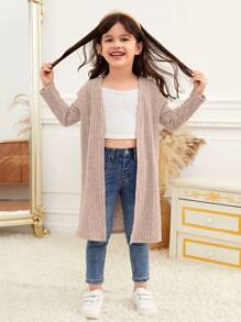SHEIN Young Girl Open Front Ribbed Knit Coat,In Fall/Winter - Apricot - View 4