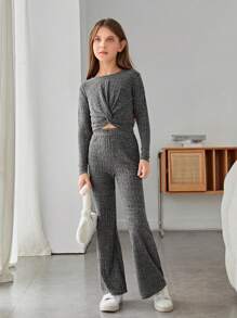 SHEIN Leap Crew 女大童扭結下擺T恤&喇叭褲 - 灰色 - 查看 3