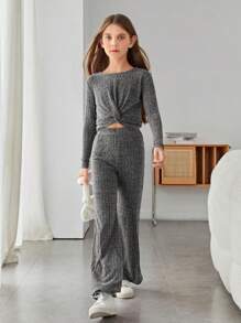 SHEIN Leap Crew 女大童扭結下擺T恤&喇叭褲 - 灰色 - 查看 4