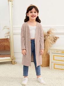 SHEIN Young Girl Open Front Ribbed Knit Coat,In Fall/Winter - Apricot - View 5